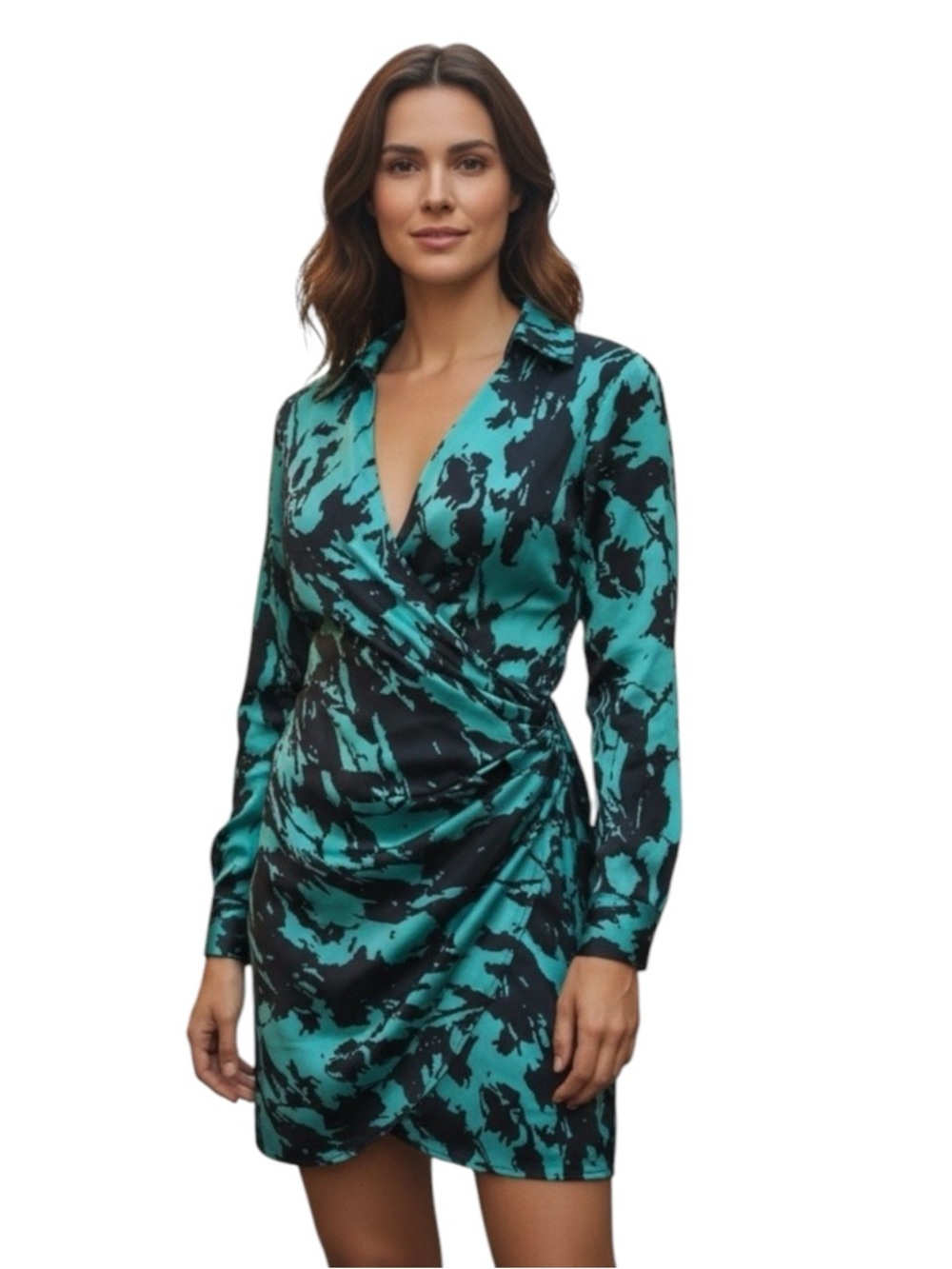 Etiquette Teal and Black Patterned V-Neck Long Sleeve Mini Wrap‎ Dress